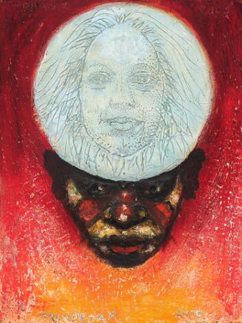 Kurt Trampedach: Portraits, 2005. Signed Trampedax. Oil and plaster on panel. 65 x 50 cm.