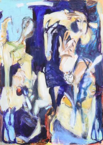 Inge Hørup: "Blå ridetur", 05. (Blue Ride). Signed Inge Hørup. Oil on canvas. 140 x 100 cm.