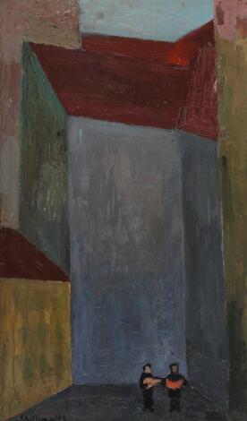 Herman Stilling: "Huse og spillemænds". Signed Stilling 49. Oil on canvas. 68 x 40 cm.