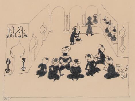 Mogens Zieler: A scene from the Middle East. Signed Zieler. Pencil on paper. Visible size 18.5 x 25 cm.