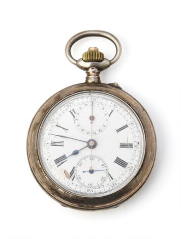 Unknown: Chronograph pocket watch of silver. Mechanical movement with lever escapement, crown winding and mono-pusher. Ø 51 mm. 1890-1910.