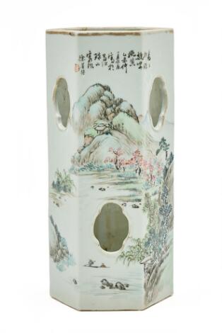 A Chinese enamelled porcelain hatstand of hexagonal form signed Xu Shanqin. Tongzhi (1861-1875) seal mark and period.
