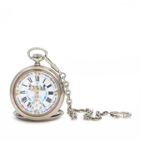 Pocket watch in steel. Marked TNV, ref. 6431,6445 with decorated enamel dial. Mechanical movement with crown winding.