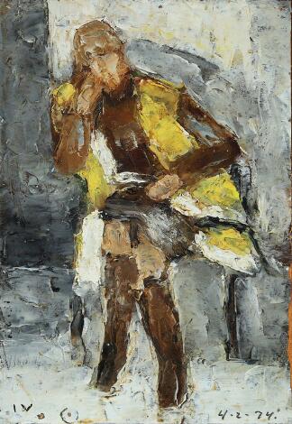 Jeppe Vontillius: Seated Woman in Yellow. Signed IV, 4-2-74. Oil on panel. 24 x 15 cm.
