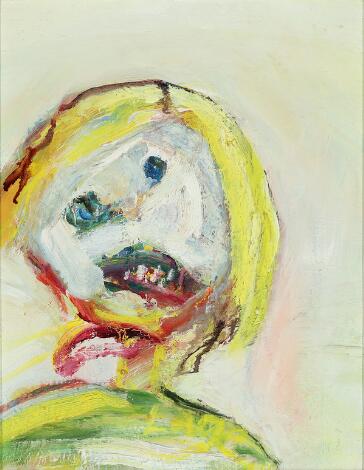 Leif Lage: "Pige med gult hår og gul trøje", 1972. Signed and dated on the reverse; title on the frame edge. Oil on canvas. 37 x 29 cm.