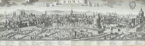 Georg Balthasar Probst, after, 18th century: "Roma". Prospect of Rome. Circa 1730. Engraving. Visible 32 x 101 cm.