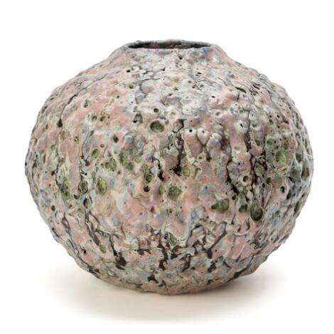 Artist not listed, Morten Løbner Espersen: Large round stoneware vase decorated with polychrome glazes, predominantly in pink, blue and green shades.