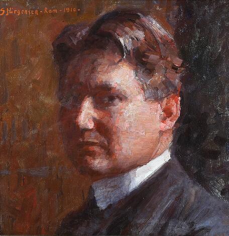 Sophus Jürgensen: The artist's self portrait. Signed and dated Sophus Jürgensen Rom 1910. Oil on canvas. 31 x 31 cm.