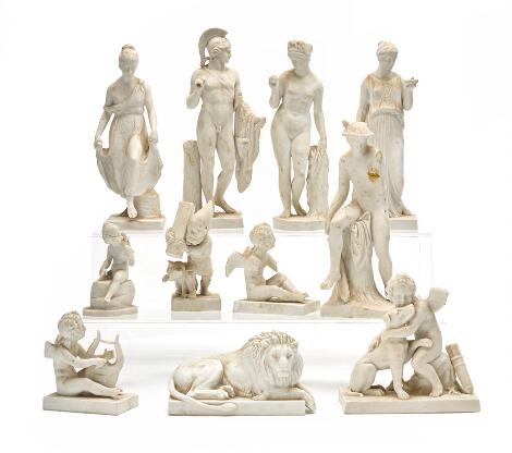 Bertel Thorvaldsen, a.o.: 10 biscuit figures. Royal Porcelain Factory, 19th century. Additionally figurine group, B&G. (10+1)