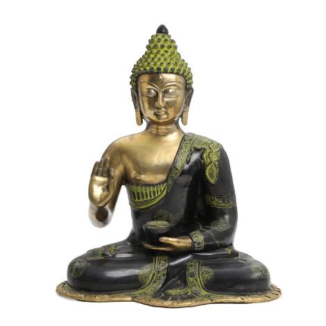 Buddha of partially green and dark patinated bronze. Sealed. Tibet. 20th century. H. 44 cm.