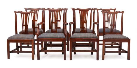 A set of eight English mahogany chairs, two with armrests, seats with blue horsehair. 19th century (8)
