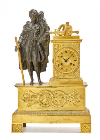French Empire mantelpiece clock in gilt and patinated bronze. Dial signed F. Goffin à Valenciennes. Early 19th century. H. 58 cm. W. 37 cm. D. 14 cm.